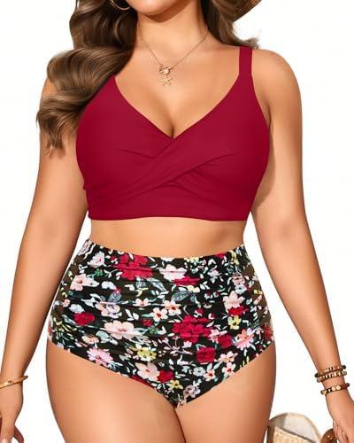 Plus Size Two Piece Swimsuit - High Waisted Bikini Set Tummy Control Bathing Suits for Women 18 W Plus Size Two Piece Swimsuit - High Waisted Bikini Set Tummy Control Bathing Suits for Women 18 W