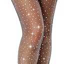 VEBZIN Sexy Sparkly Fishnets Stockings Jeweled High Waist Fishnet Tights for Women Rhinestone Party Pantyhose One size