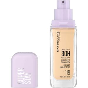 Maybelline Super Stay Lumi-Matte Foundation, Lightweight and Buildable Full Coverage Foundation Makeup For Up To 30HR Wear, 125, 1 Count (1 Fl Oz (Pack of 1), 118 - Warm)
