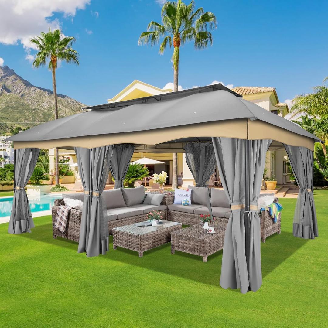 HOTEEL Gazebo 12x20, Outdoor Gazebo on Clearance with Double Ventilated Flat Roof, Privacy Curtains & Mosquito Netting, Easy Set up Canopy Tent with Stable Metal Frame for Patio, Gray (Upgraded 2.0) (Gray)
