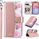 ULAK Compatible with iPhone 15 Plus Wallet Case for Women, PU Leather Floral Flip Cover with Card Holder Kickstand Feature Purse Case for iPhone 15 Plus 6.7'', Rose Gold