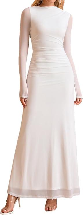 HTZMO Women Long Sleeve Bodycon Floral Maxi Dress Ruched A Line Flowy Wedding Guest Formal Party Long Dresses L