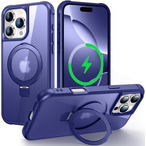 Magnetic Compatible with iPhone 16 Pro Case with Stand [Military Grade Drop Tested][Compatible with Magnet] Ring Translucent Slim Hard Back Soft Edge, Blue