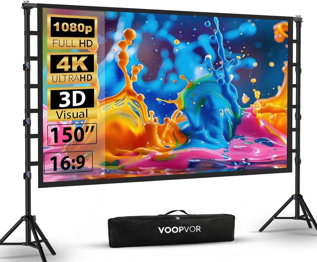 Outdoor Projector Screen with Stand 150 Inch: VOOPVOR Portable Projection Screen and Stand, Indoor Rear Front Movie Screen 16:9 4K HD, with Carry Bag,Support Height Adjustable for Home Theater Camping