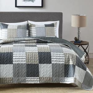 Boryard 3-Piece Queen Quilt Set, Lightweight Soft Full Size Quilt Gray Patchwork Farmhouse Bedspread Coverlet 90x90 inches Spring Bedding Set with 2 Pillow Shams, Grey Plaid Print