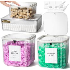 Laundry Pods Container, 4 Pack Laundry Powder Dispenser and Dryer Sheet Holder for Laundry Room Organization Decor, Ribbed Plastic Laundry Pod Beads Detergent Containers for Storage
