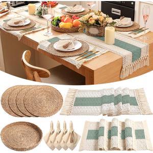 GANDEER 6 Sets Boho Placemats: Round Woven, Rectangular Boho, Wooden Bead Napkin Rings, Cloth Napkins, Long Table Runner & Storage Basket - Natural Burlap Cotton for Kitchen Dining Table Home