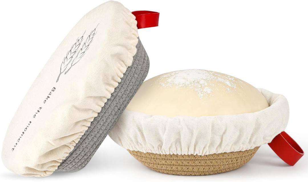 Cotton Rope Banneton Bread Proofing Basket Set, 10" Oval & 9" Round Baskets with Liners & Covers for Perfect Artisan & Sourdough Bread Baking at Home