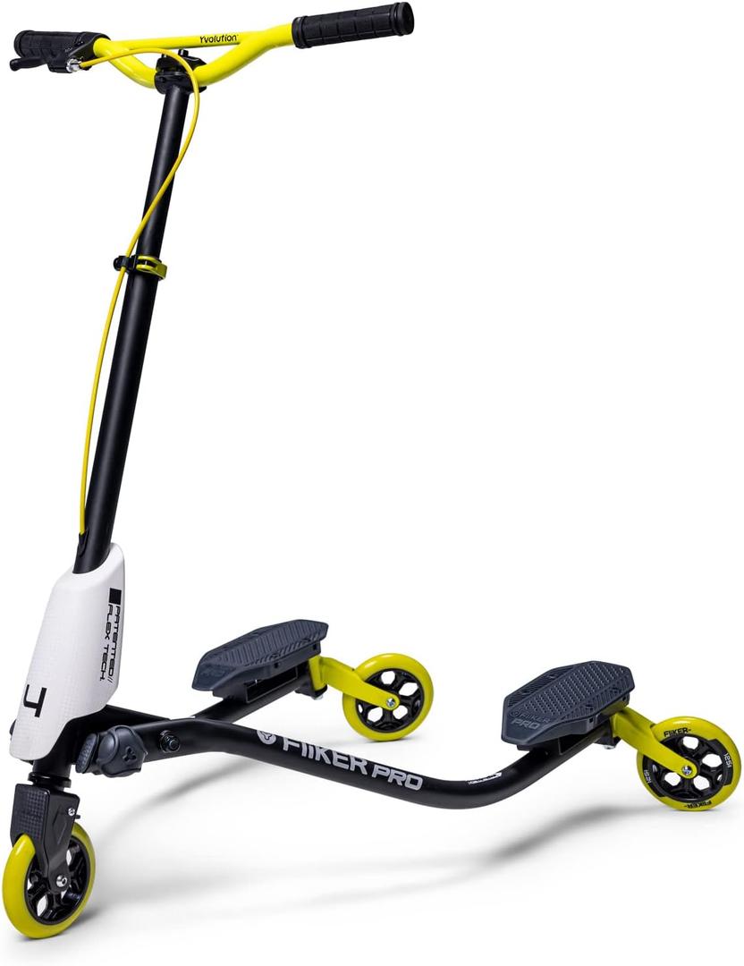 Yvolution Black/Yellow Fliker Pro Kids Drift Scooter, Adjustable Handlebar in 3 Heights, 3 Wheels, for Boys and Girls Age 7+ Years Old, Max User Weight 220lbs/100kg