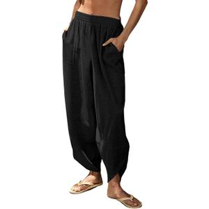 Peaceglad Cotton Linen Harem Pants with Pockets Palazzo Pants for Women Causal Cropped Wide Leg Trousers (Medium, Black)