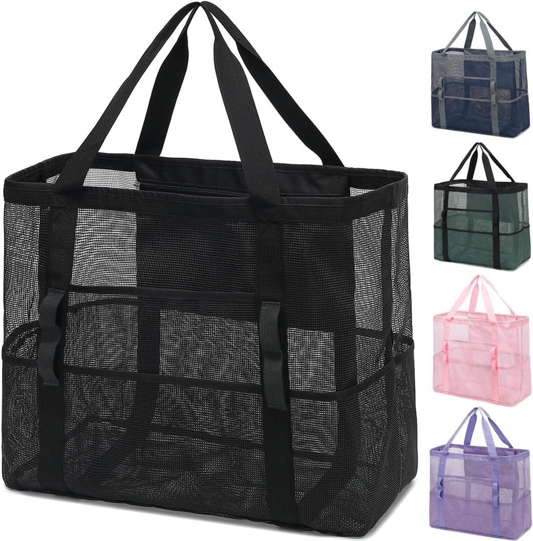Mesh Beach Bag, Large Beach Tote with Zipper Pocket for Family Pool Bag for Toys & Vacation Essentials (Large - Black)