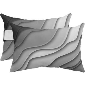 Geometric Ombre Lounge Pillows Outdoor, Aesthetic Black Grey White Gradient Abstract Head Pillows, Modern Waterproof Patio Furniture Lumbar Pillows with Adjustable Elastic Strap for Recliner Beach (2 Pack - 12x20 Inches)