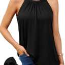 V FOR CITY Women's Halter Tank Top with Built in Bra Flowy Pleated Camisole Top Summer Sleevless Cami Shirt (X-Large, Black)