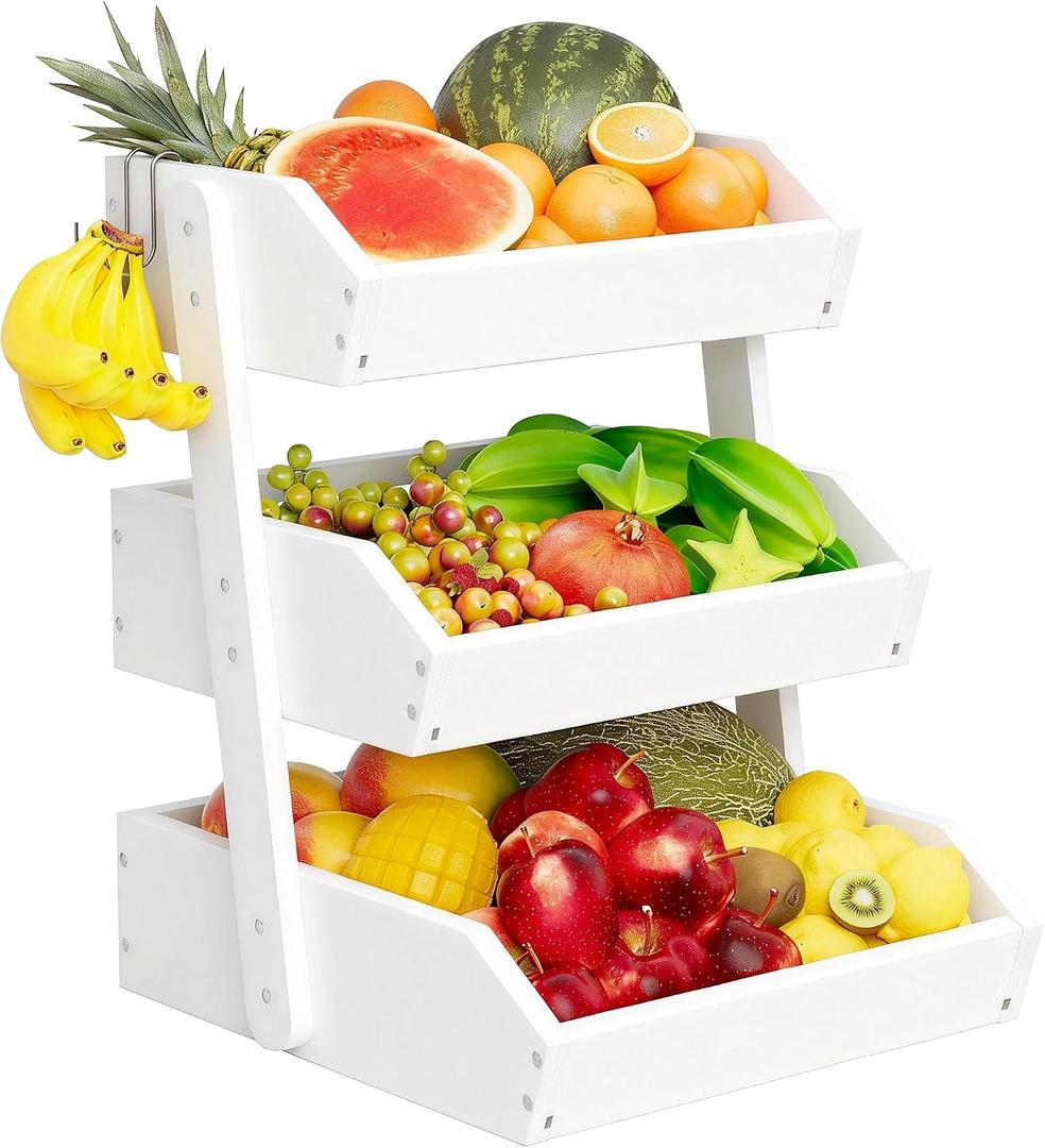 Bamboo 3 Tier Fruit Basket For Counter, Large Capacity Fruit Storage Countertop, Fruit Holder, Wooden Pantry Organizers and Storage, Kitchen Countertop Organizer With 2 Banana Hangers (White)