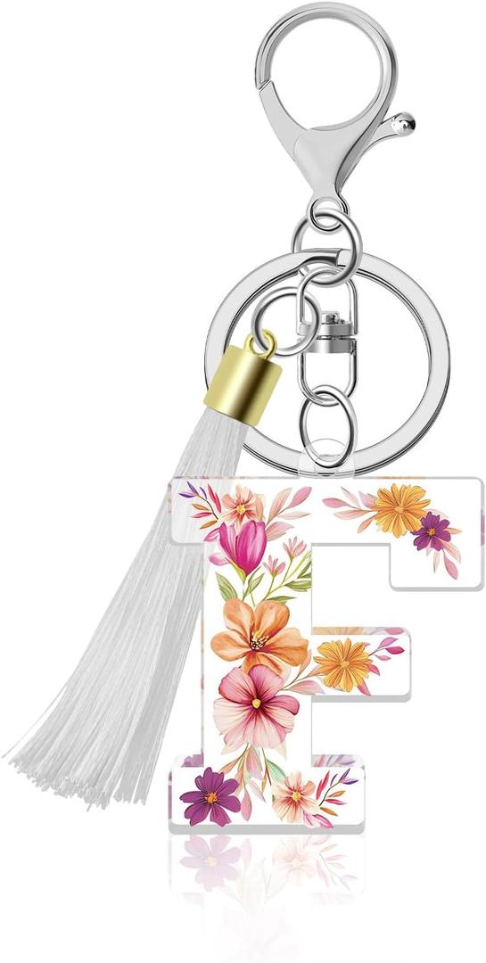 Lukiisoo Initial Letter Flower Keychain with Long Tassel Pendant, Acrylic Alphabet Monogram Key Chain, Backpack Purse Charms