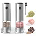 COKUNST Pepper and Salt Grinder Set, Battery Powered, Coarseness Adjustable Electric Pepper Grinder Mill with Stand, Automatic Grinding with LED Light for BBQ Resturant Kitchen-2 Pack (2pcs with Stand, Silver)