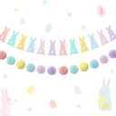 Reallnaive 2 Pcs Pastel Felt Easter Garland for Mantle, 6.6 ft Easter Bunny Banner Decorations Yarn Pom Pom Ball Hanging Banner for Indoor Outdoor Mantle Garden Home Decor