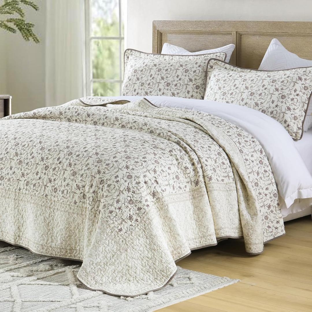 100% Cotton Quilt - King Size Quilt Beige Brown Purple Floral Cotton 3-Piece Bedspread Set, Vintage Lightweight Reversible Comforter Coverlet Bedding Set with 2 Pillow Shams for All-Season