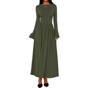 BTFBM Long Sleeve Maxi Dresses for Women 2025 Fall Casual Ruched Boat Neck Flowy Elegant Formal Wedding Guest Dress(Army Green, Large)