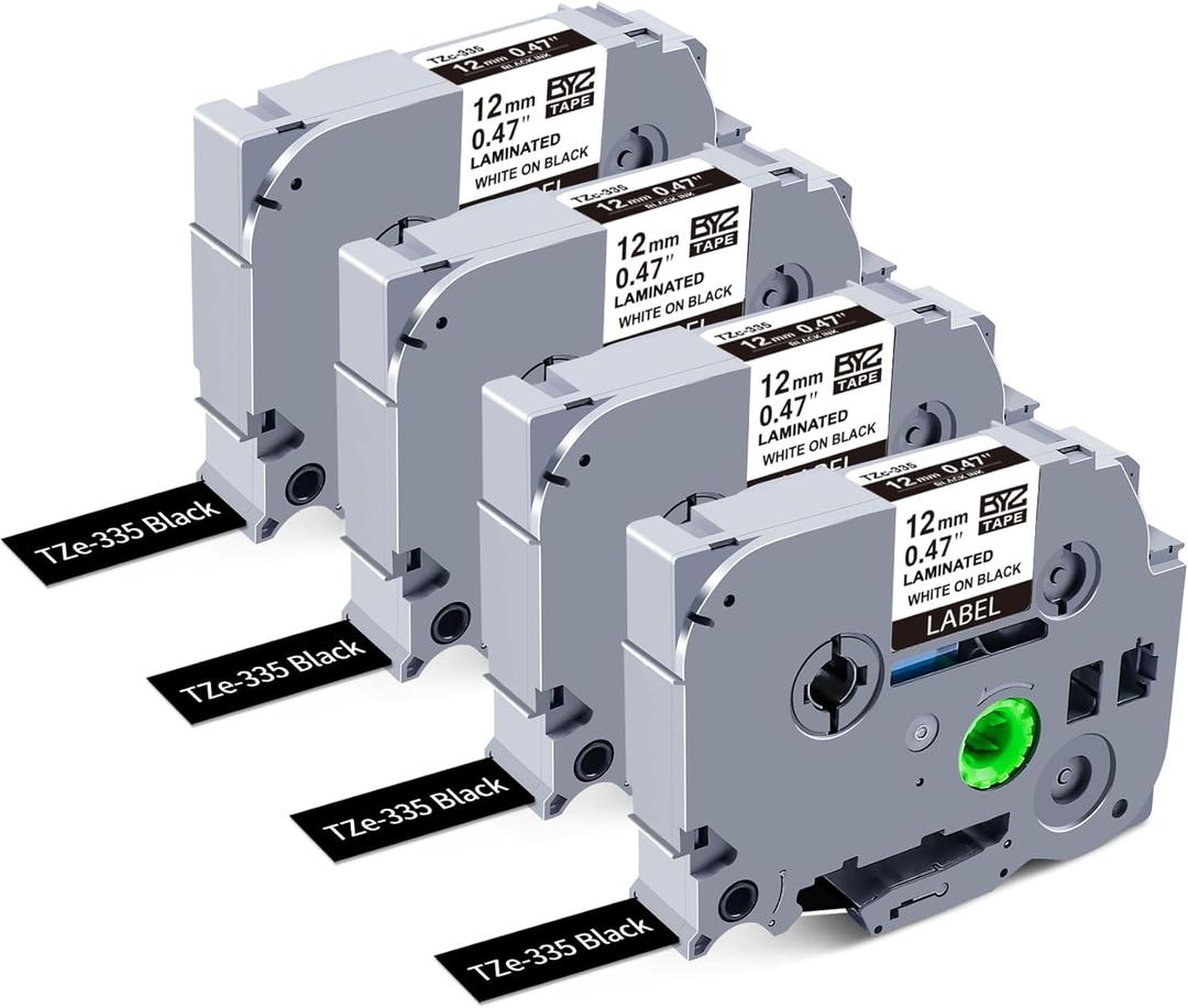 BOYEEZON Black Label Maker Tape Replacement for Brother P Touch Label Tape TZe-335 TZe/TZ 12mm 0.47 Laminated White on Black for Brother PTH111 PTD210 PTD400 PTD410 PTD600, 4 Packs