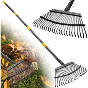 Garden Rake for Leaves: 18 Wide Metal Leaf Rake, 65 Long Adjustable Handle, Heavy Duty 25 Teeth, Fast Kids Women Large Lawn Yard Garden Leaf Cleanup Gardening Rakes: Grass,Debris,Pine Needles Pick