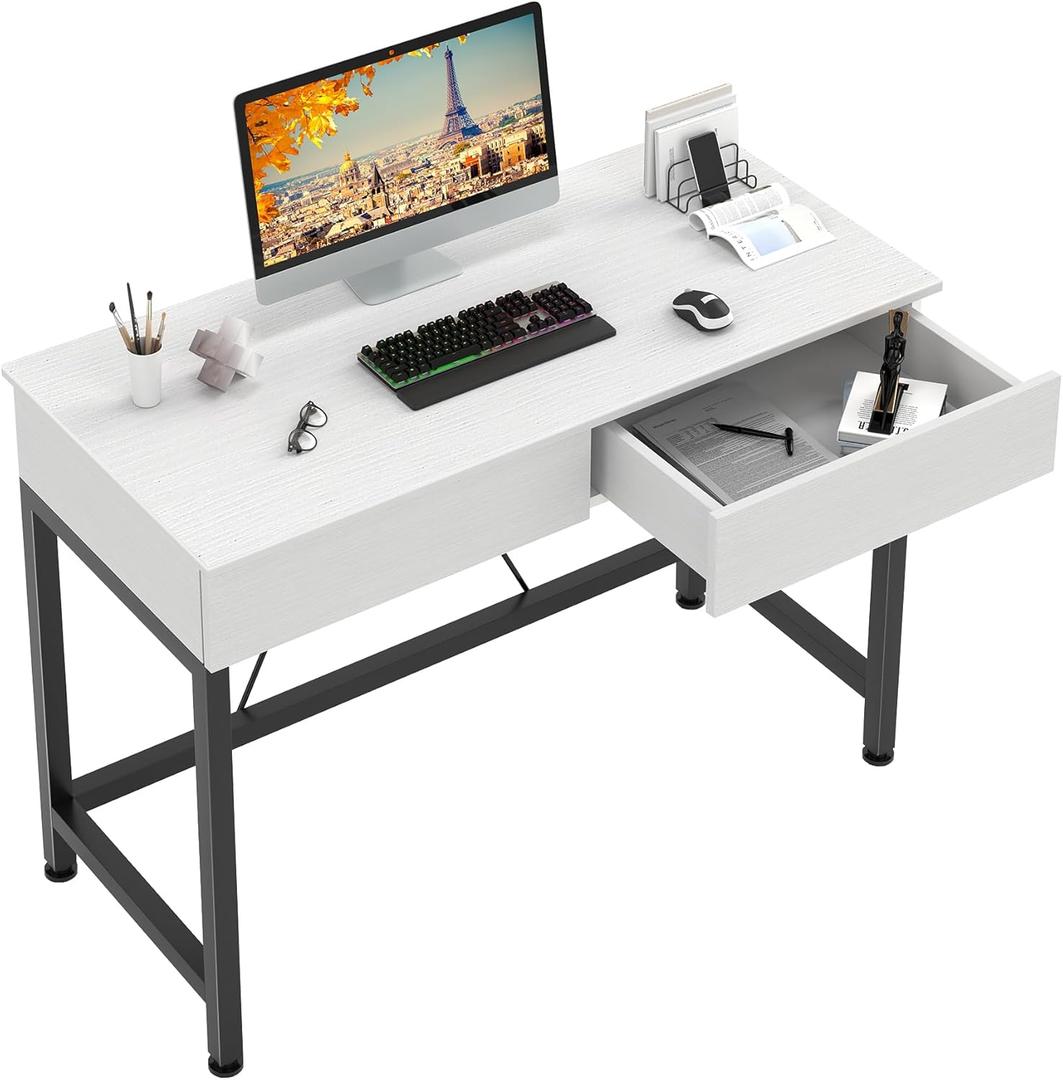 CAIYUN 40Inch Computer Desk with 2 Wooden Drawers, Small Desks for Home Office with Storage,Vanity Desk for Bedroom, Gaming Desk for Small Spaces, Simple Kids Study Writing Desk Table (White, Wooden), 39 Inch