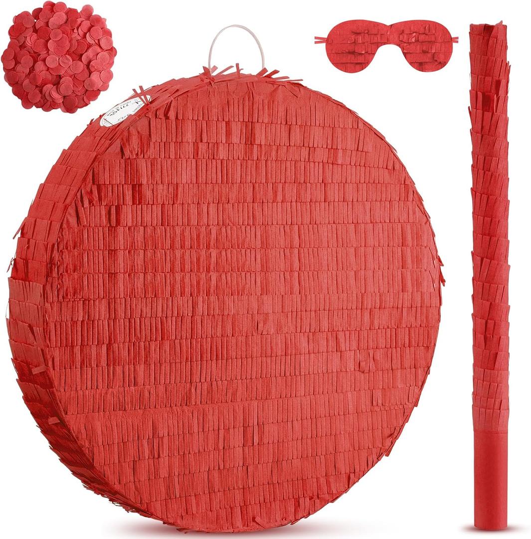 Jenaai 16" Round Blank Piata with Stick, Blindfold and Confetti for Adults and Kids' Birthday Parties(Red)