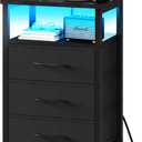 Yoobure Night Stand with Charging Station, 16 Colors LED Nightstand with USB Ports and Outlets, End Table with 3 Fabric Drawers and Storage Shelf, Bedside Tables Small Dresser for Small Space, Black
