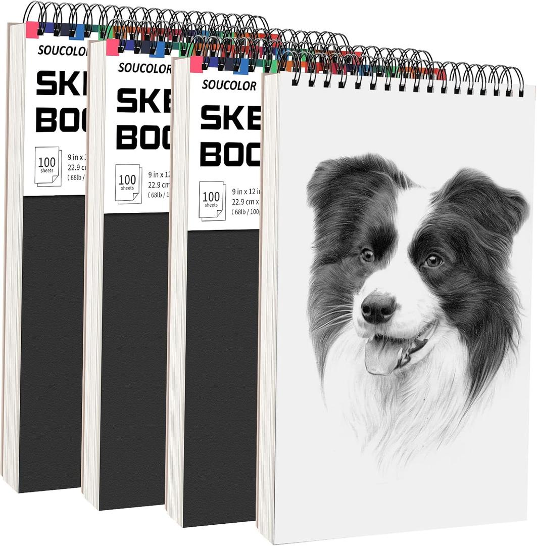 Soucolor Artist 9x12 Sketch Book Set, 4 Pack 100-Sheet Spiral Drawing Pads (68lb/100gsm) | Acid-Free Drawing Paper for Adults Art Supplies, Charcoal, Graphite, Pastel Pencils & Sticks (Black)