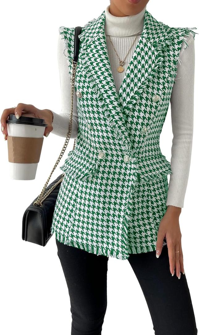 WDIRARA Women's Houndstooth Print Sleeveless Lapel Raw Trim Button Front Long Vest Jacket, Size S (Green)