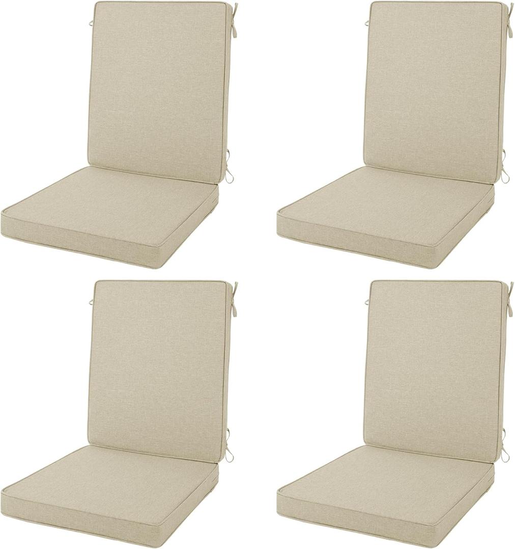Outdoor Chair Cushions 20x20, Water-Resistant & Fade-Resistant, Patio Furniture Lawn Dining Chair Seat Replacement with High Back, Ties Zipper, Removable Cover, Set of 4, Natural, 20" x 20" 4 Pack