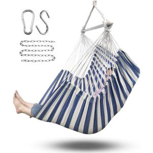 ADVOKAIR Hammock Chair Hanging Chair Rope Swing XXL - Max 500lbs, 70in Large Hammock Swing Chair -Portable Steel Spreader Bar with Anti-Slip Rings-Roomy & Strong (A Blue and White)