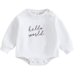 VISGOGO Newborn Infant Baby Boy Girls Oversized Romper Little Dude Sweater Onesie Coming Home Outfit Neutral Clothes (0-3 Months, Hello World-white)