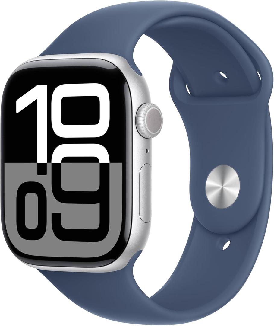 Apple Watch Series 10 [GPS 46mm case] Smartwatch with Silver Aluminium Case with Denim Sport Band - S/M. Fitness Tracker, ECG App, Always-On Retina Display, Water Resistant