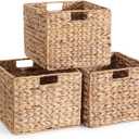 12X12X10in Water Hyacinth Storage Baskets, Wicker Storage Cubes Set of 3, Kitchen Baskets for Pantry Organization, Foldable Square Baskets for Shelves
