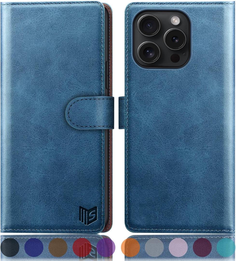 SUANPOT Compatible with iPhone 16 Pro Max 6.9" Wallet case with RFID Blocking Credit Card Holder,Flip Book PU Leather Protective Cover Women Men for Apple 16 Pro Max Phone case Sky Blue