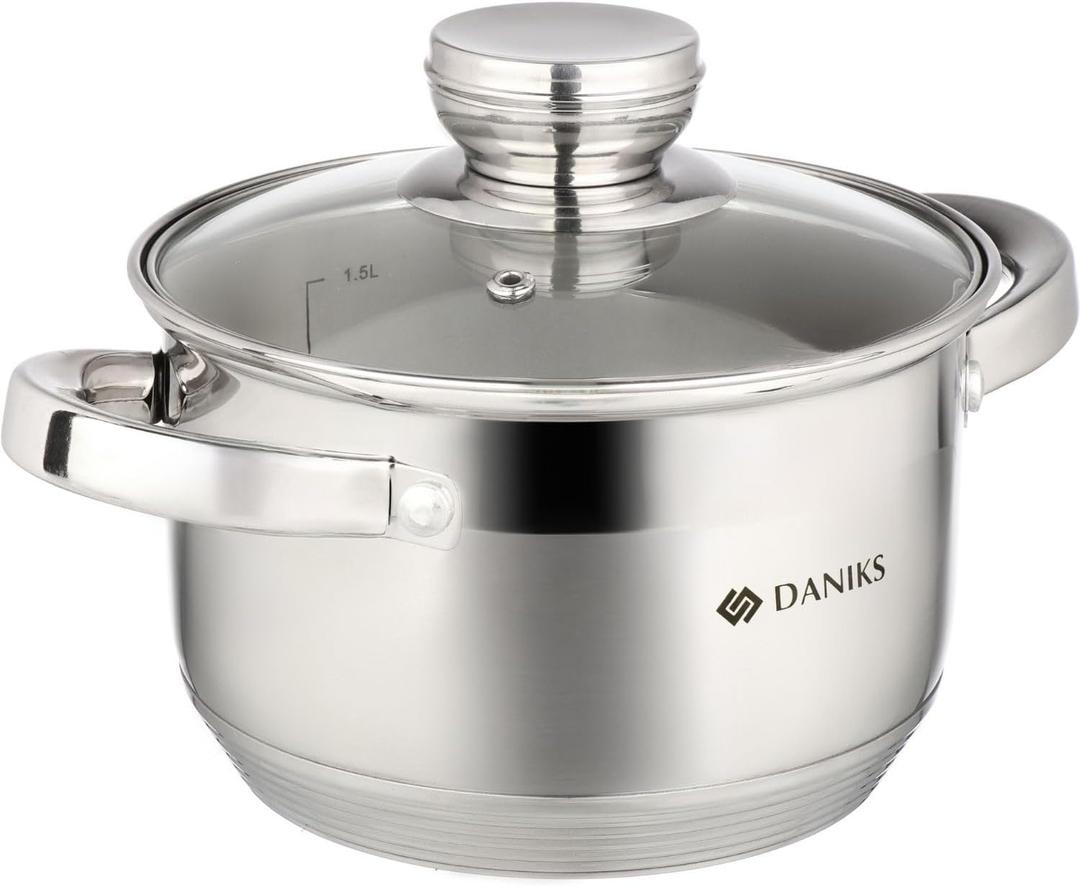 Daniks Standard 2 Quart Stainless Steel Stock Pot with Glass Lid, Tri-Ply Bottom for Even Heating, Induction Compatible, Dishwasher Safe, Built-In Measuring Scale, Silver