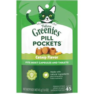 Greenies Feline Pill Pockets for Cats Natural Soft Cat Treats, Catnip Flavor, 1.6 oz. Pouch (45 Treats) (EXP 01/26/29)