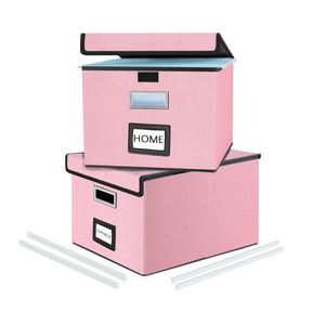 Huolewa Collapsible File Storage Organizer Boxes with Lids, Portable Large Linen Hanging Filing Storage Boxes, Decorative Home/Office Filling System for File and Folder Storage (Pink)-2 Pack