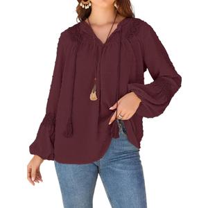 KI LAPHEE Long Sleeve Shirts for Women Boho Tops  Swiss Dot Blouse, Flowy Chiffon Lace Tunic (Large, Burgundy)