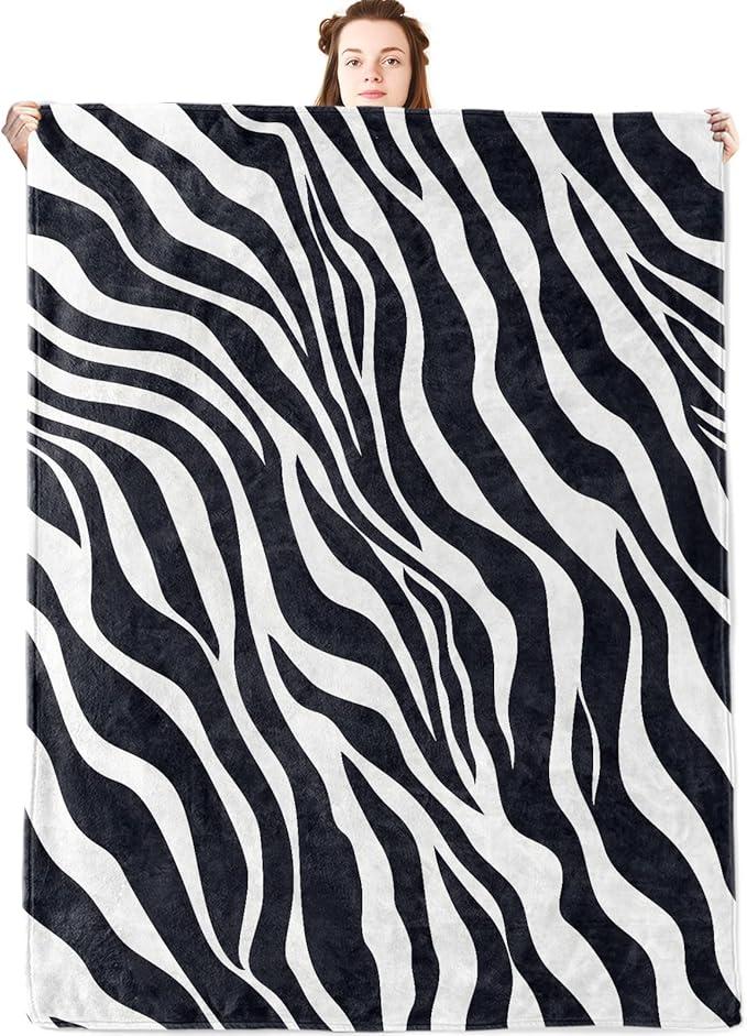 jwyta Zebra Print Flannel Blanket,Black and White Animal Stripe Throw,Minimalist Style,Lightweight Fleece Blankets for Adults,Couch,Cabin,Bed,Camping Home Decor Gifts,60x50in