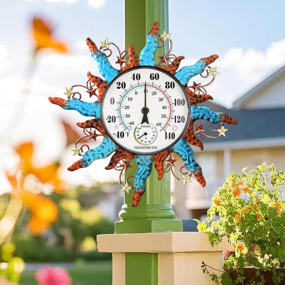 pealstar Large Outdoor Thermometer Sun Decorative Outdoor Thermometers for Patio Waterproof Metal Wall Thermometer No Need Battery for Garden Yard Garage Decor