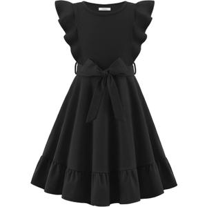 Arshiner Girls Black Dress Flutter Sleeve A-line Dresses Casual Party Church Funeral Dresses Size 6