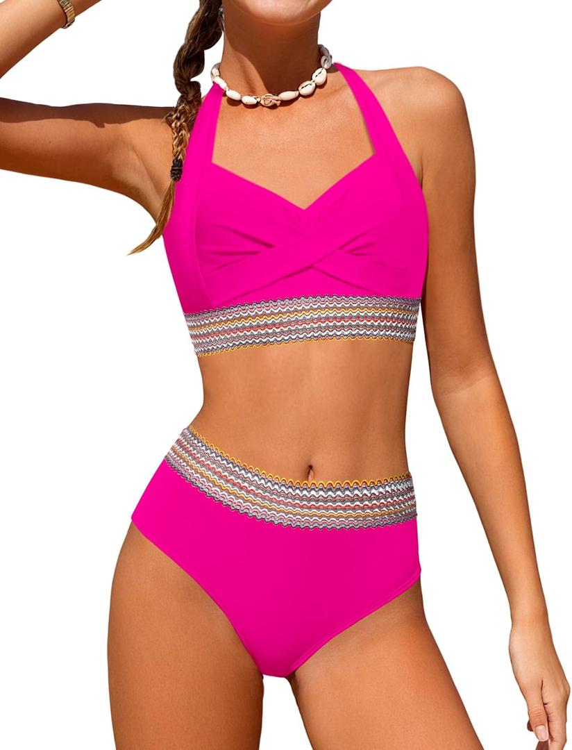 Girls Swimsuits Two Piece Bikini Set Criss Cross Halterneck Woven Contrast Trim Bathing Suits for 9-16Y (13-14 Years, Pink)
