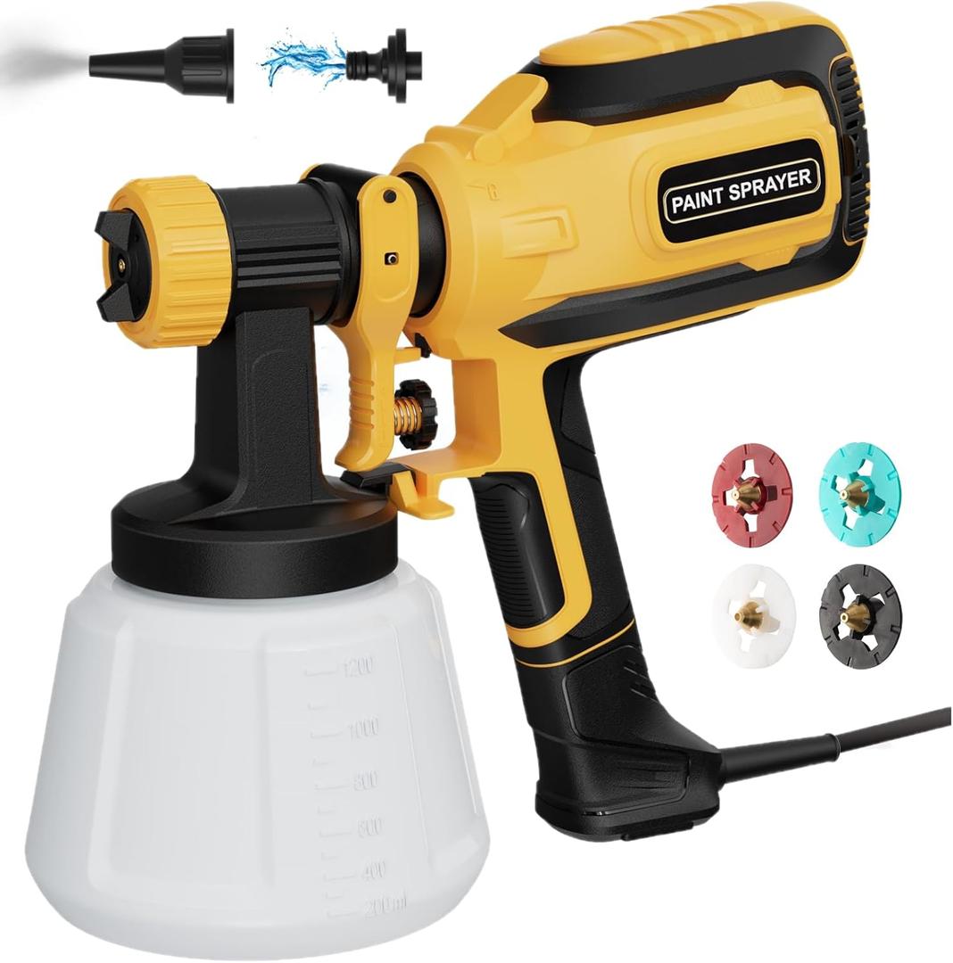 Paint-Sprayer, 700W HVLP Spray Gun with Cleaning & Blowing Joints, 4 Nozzle Sizes & 3 Spray Patterns, Easy to Clean, for Furniture, Cabinets, Decks, Walls, Doors, DIY Projects, etc. (Yellow)