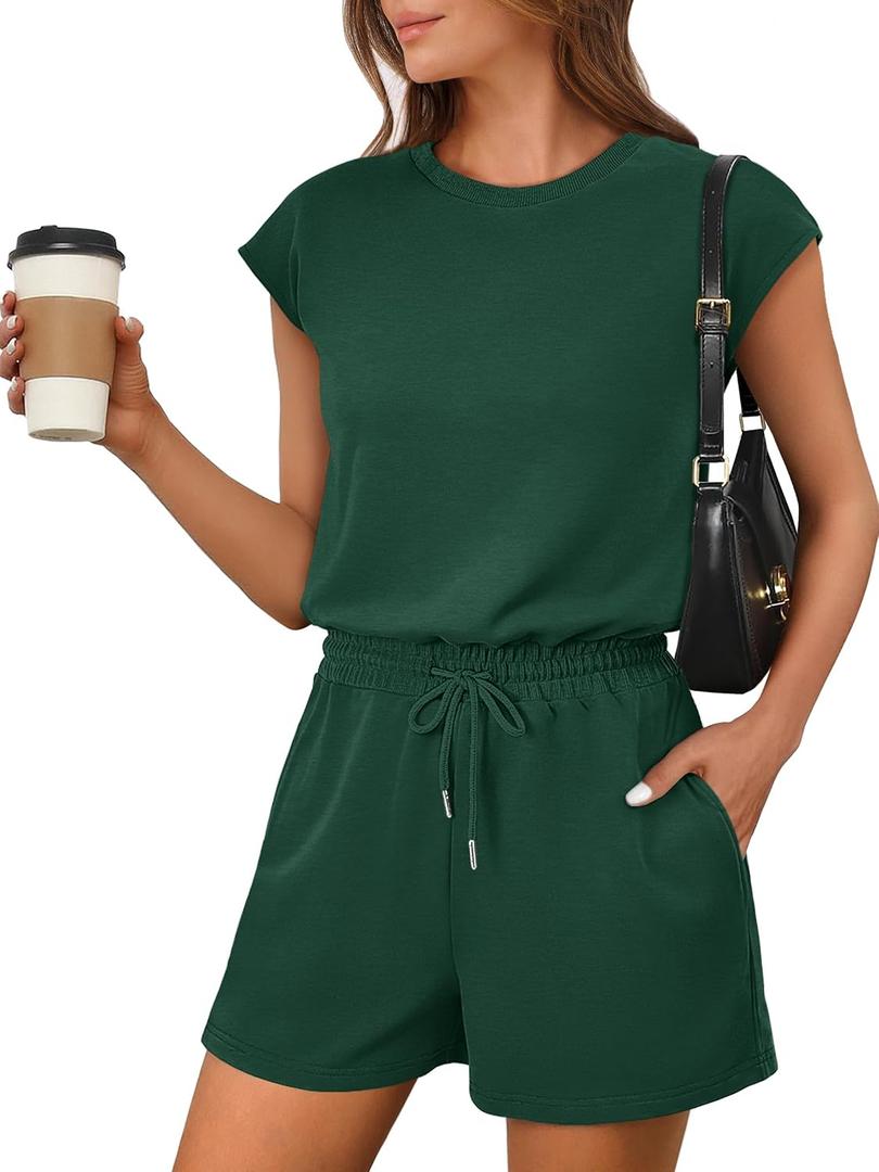 ANRABESS Rompers for Women Summer 2026 Casual Cap Sleeve Crewneck Drawstring One Piece Jumpsuit Outfits with Pockets, Small