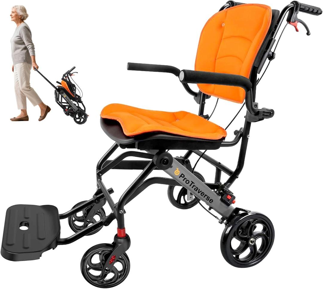 Wheelchairs for Adults,Transport Wheelchair Lightweight Foldable with Removable Cushion,Transport Chair,Ergonimic Travel Wheelchair with Telescopic Handle,Orange