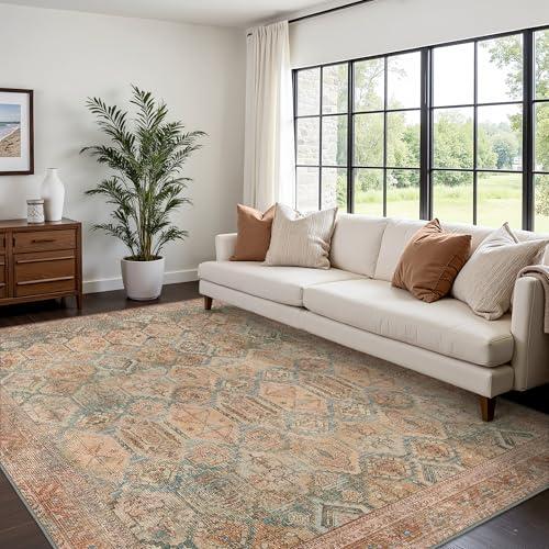 Bavni Washable Rug 8x10 Area Rug for Living Room Bedroom Dining, Washable Vintage Print Carpet, Ultra-Thin Chenille Low Pile Lightweight Rug with Non Slip Backing, Clay
