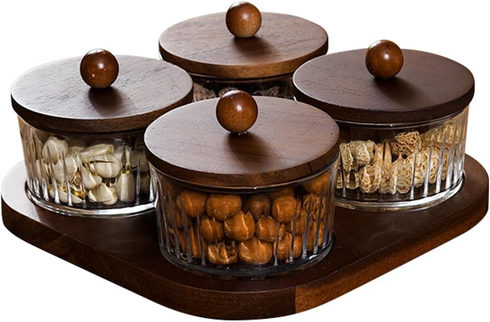 Round Glass Snackle Box Container Snack Organizer and Fruit Platter with Acacia Wood Lids and Tray Divided Serving Tray for Nuts Candy Dry Fruits (4 Jars)