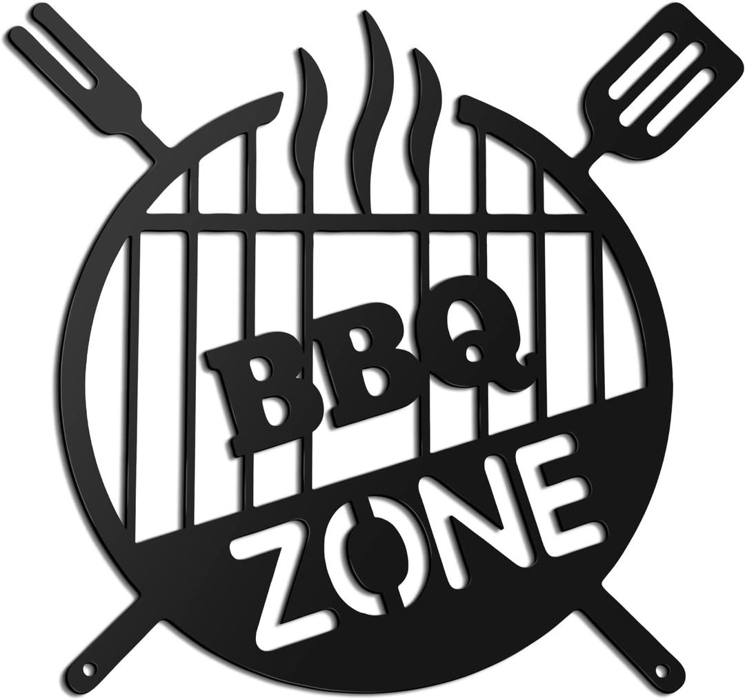 Funrous Metal BBQ Sign Outdoor Round Grill Zone Retro Barbecue Monogram Wall Decor Kitchen Hanging Grill Barbecue Sign for Backyard Patio Farmhouse Porch Deck Decorations